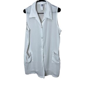 White Sleeveless Duster Top‎ Christina Sheer Button Down Pockets